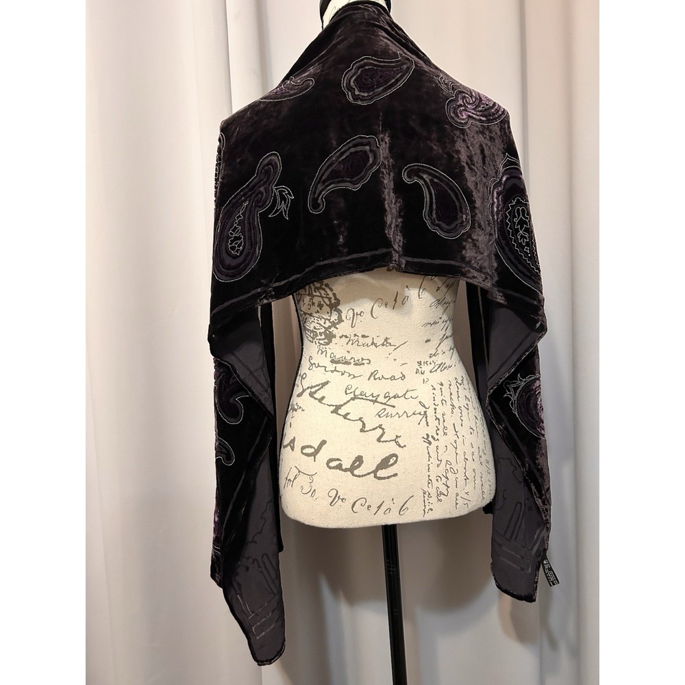 Nina Ricci Silk Purple Velvet Paisley Embellished Shawl Scarf Beaded Burnout - Picture 5 of 6